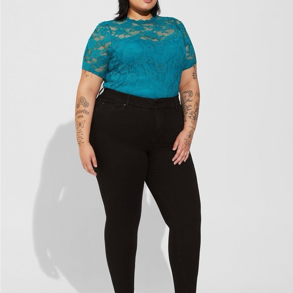 Torrid Teal Stretch Lace Crew Neck Puff Sleeve Top Size 00 - Picture 4 of 12